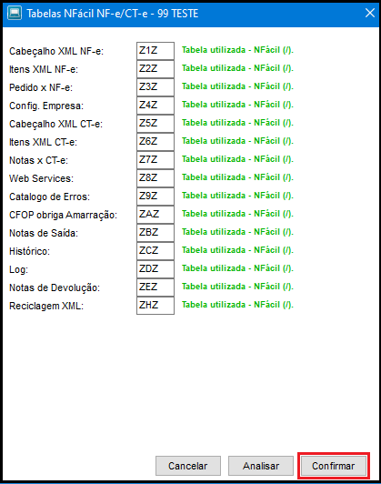 Confirmar Tabelas